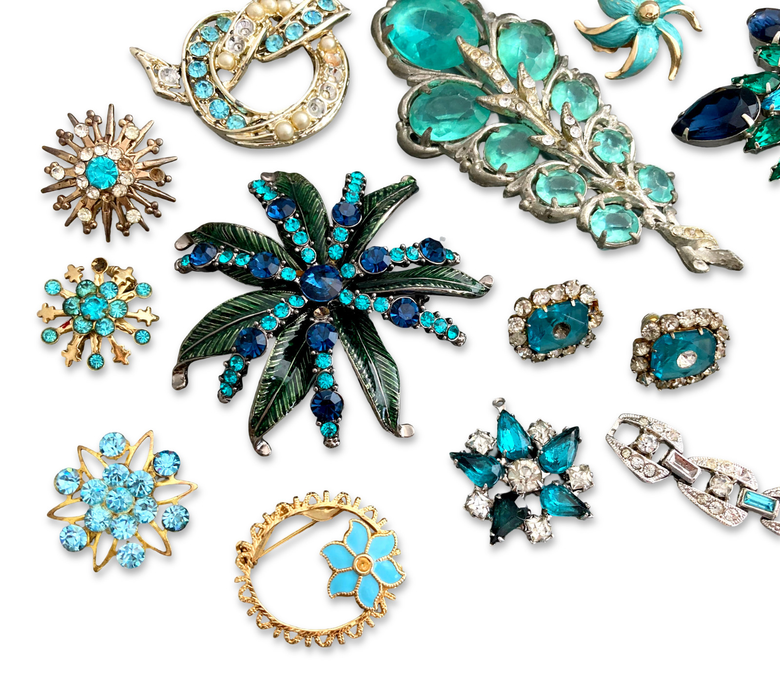 Vintage Blue Rhinestone Costume Jewelry Repair Lot, Brooch Earrings Bracelet Pin