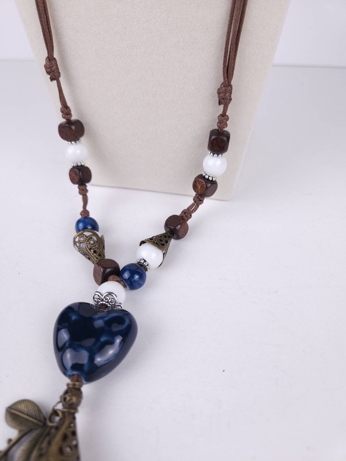 Blue Ceramic Heart White Wood Brown Beaded Corded 26″ Necklace