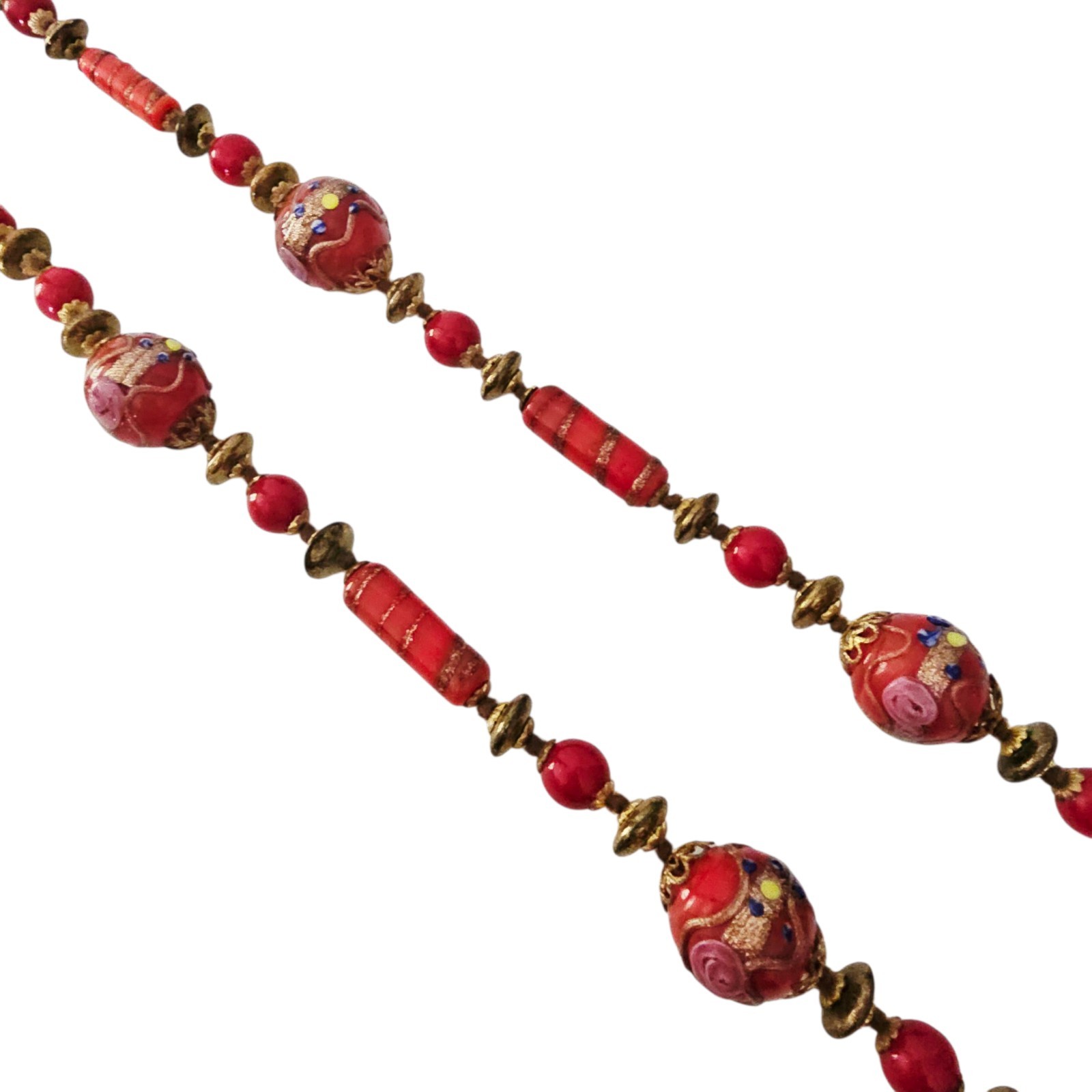 Venetian Murano Red Copper Wedding Cake Bead Necklace Hand Knot Vintage 30”