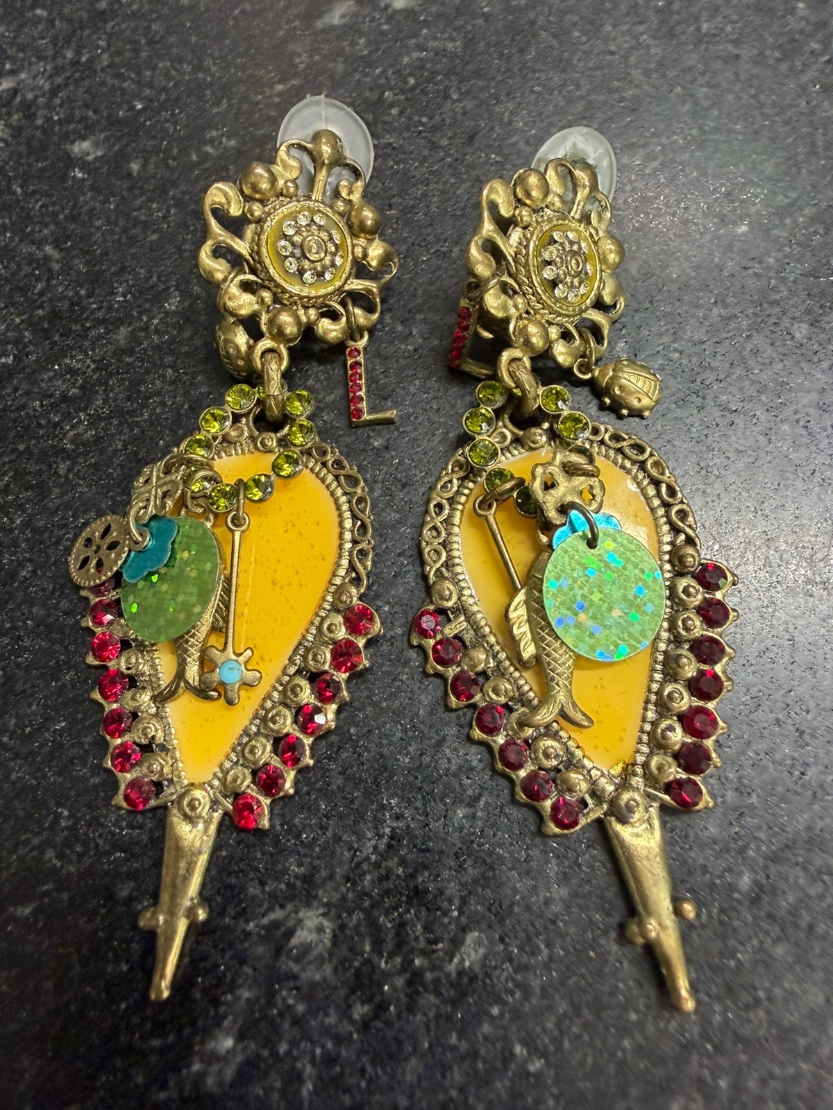 Les Gens du Sud Vintage French Statement Clip On Earrings Fish Ladybug Clover 3″