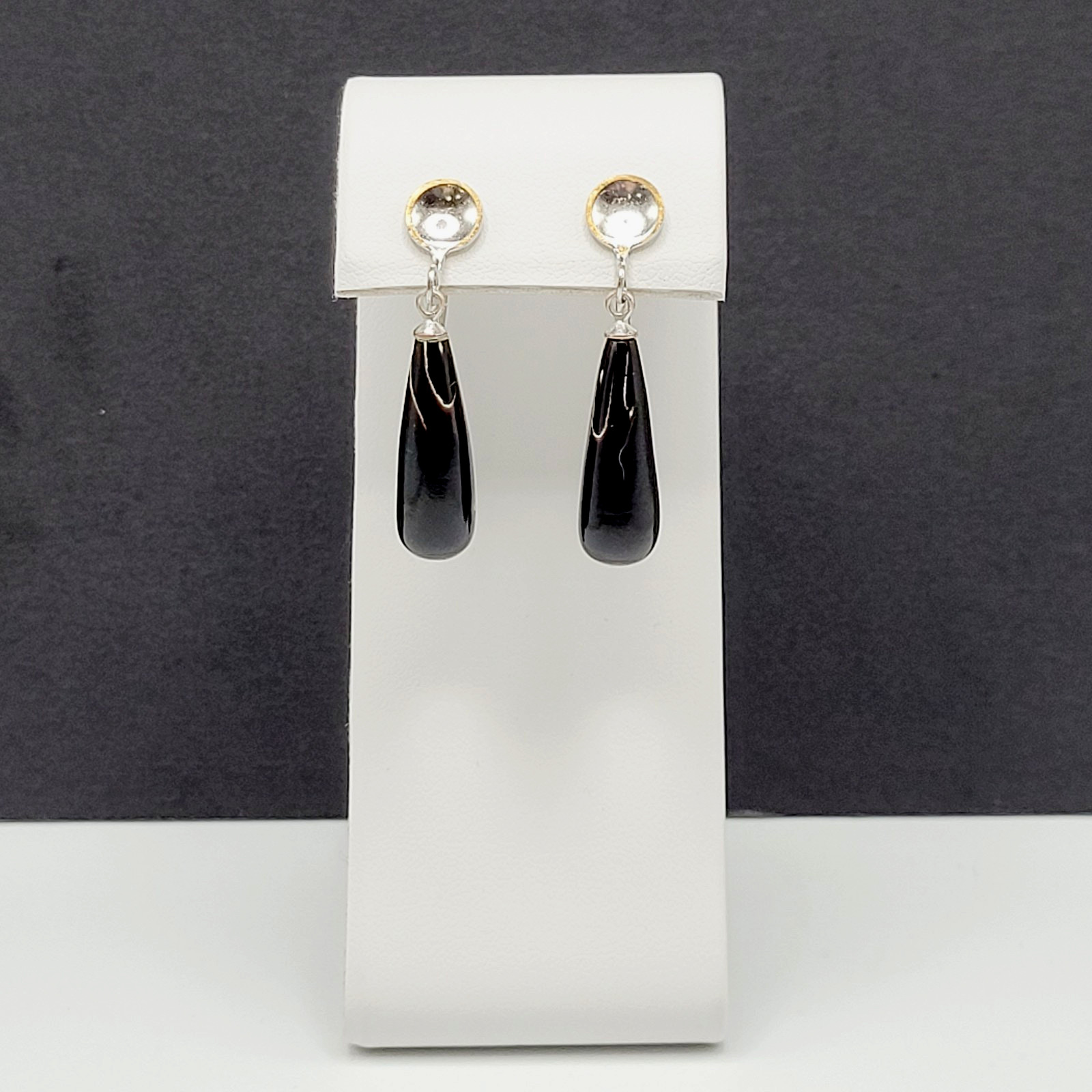 Hawaiian Natural Black Coral Teardrop Torpedo Mixed Tone Vtg Screw Back Earrings