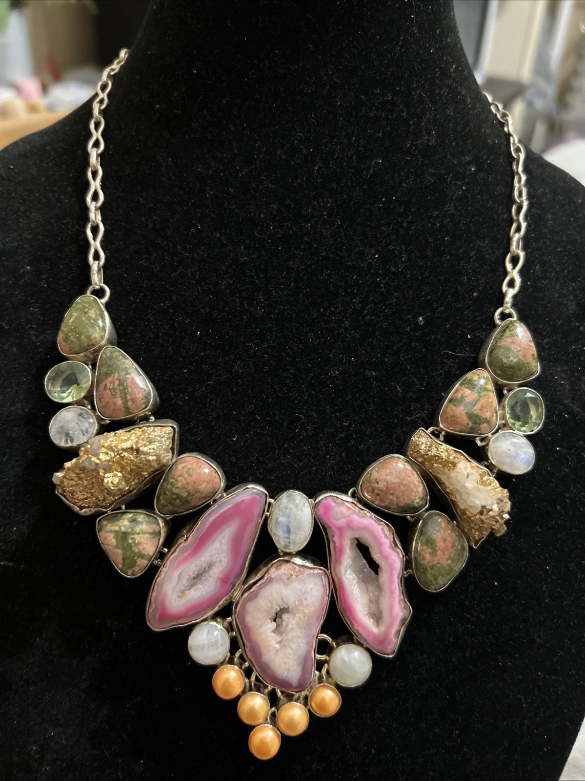Vntg Designs By Cheryl P Rogers Phillips Pink Sliced Geode Druzy Agate Necklace