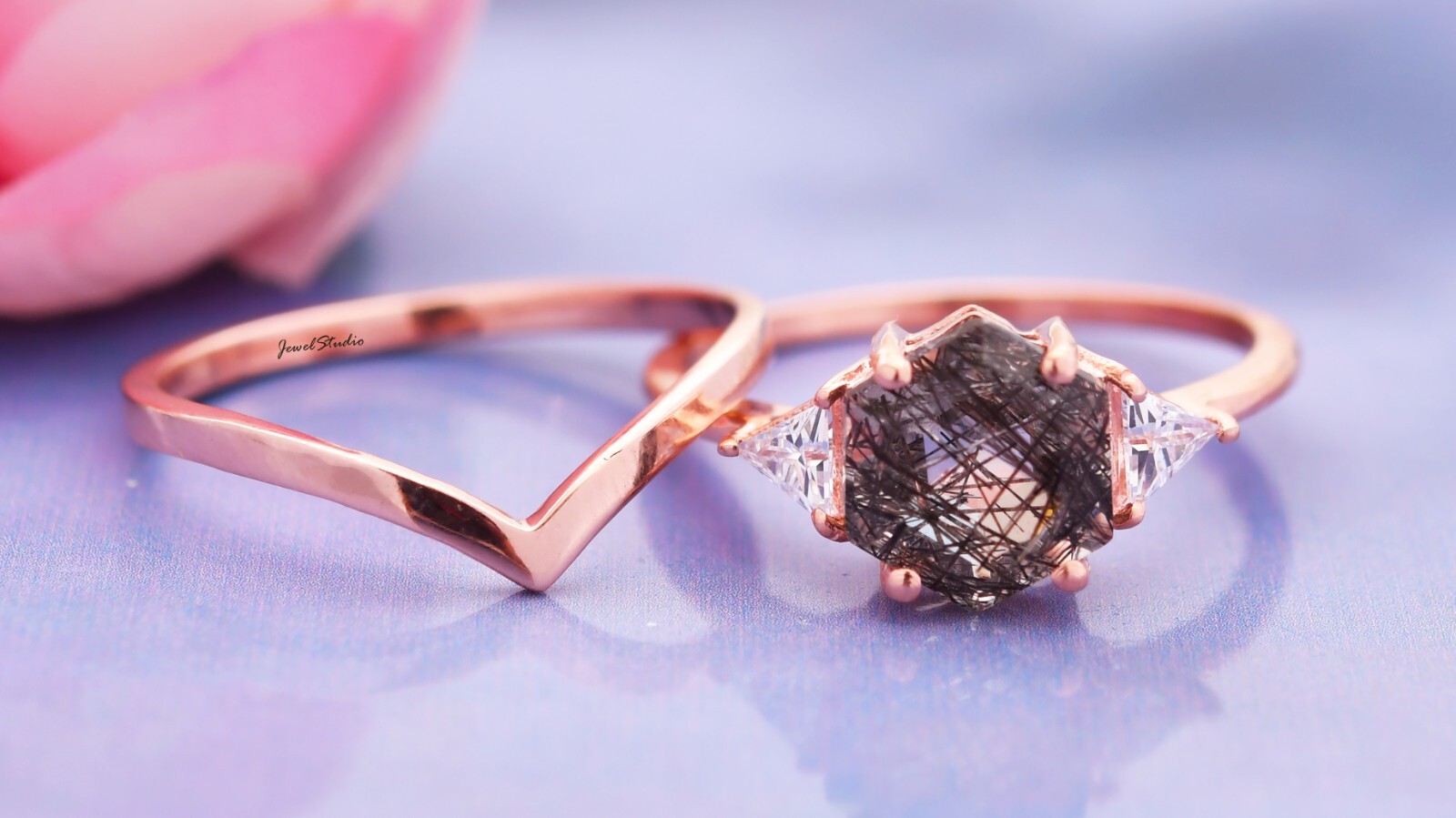 Rutile Ring set Quartz Ring Engagement Ring Bridal Band Ring Wedding Ring Gifts