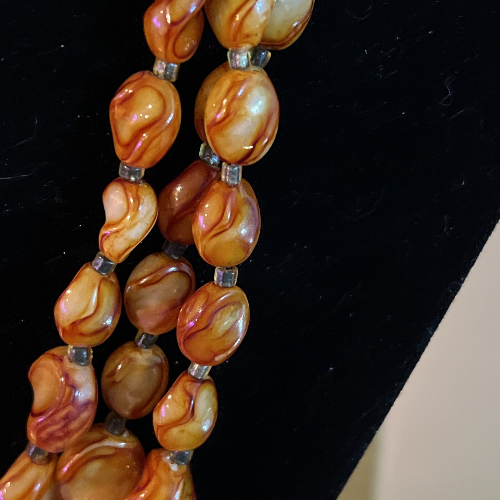 Vintage Made In Hong Kong Amber/Brown Multi Strand Necklace & Clip on Earrings