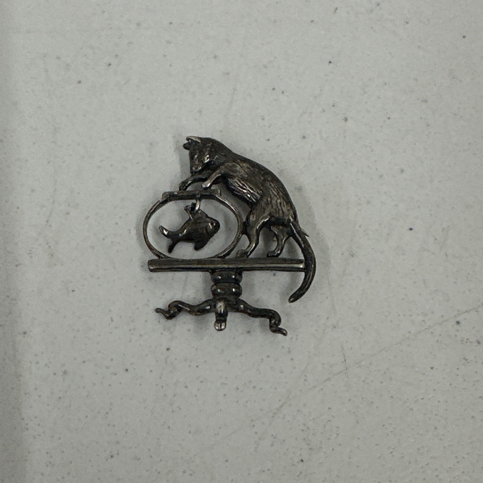 VTG Pewter Silver Tone Brooch Pin Pawing at Fish Bowl