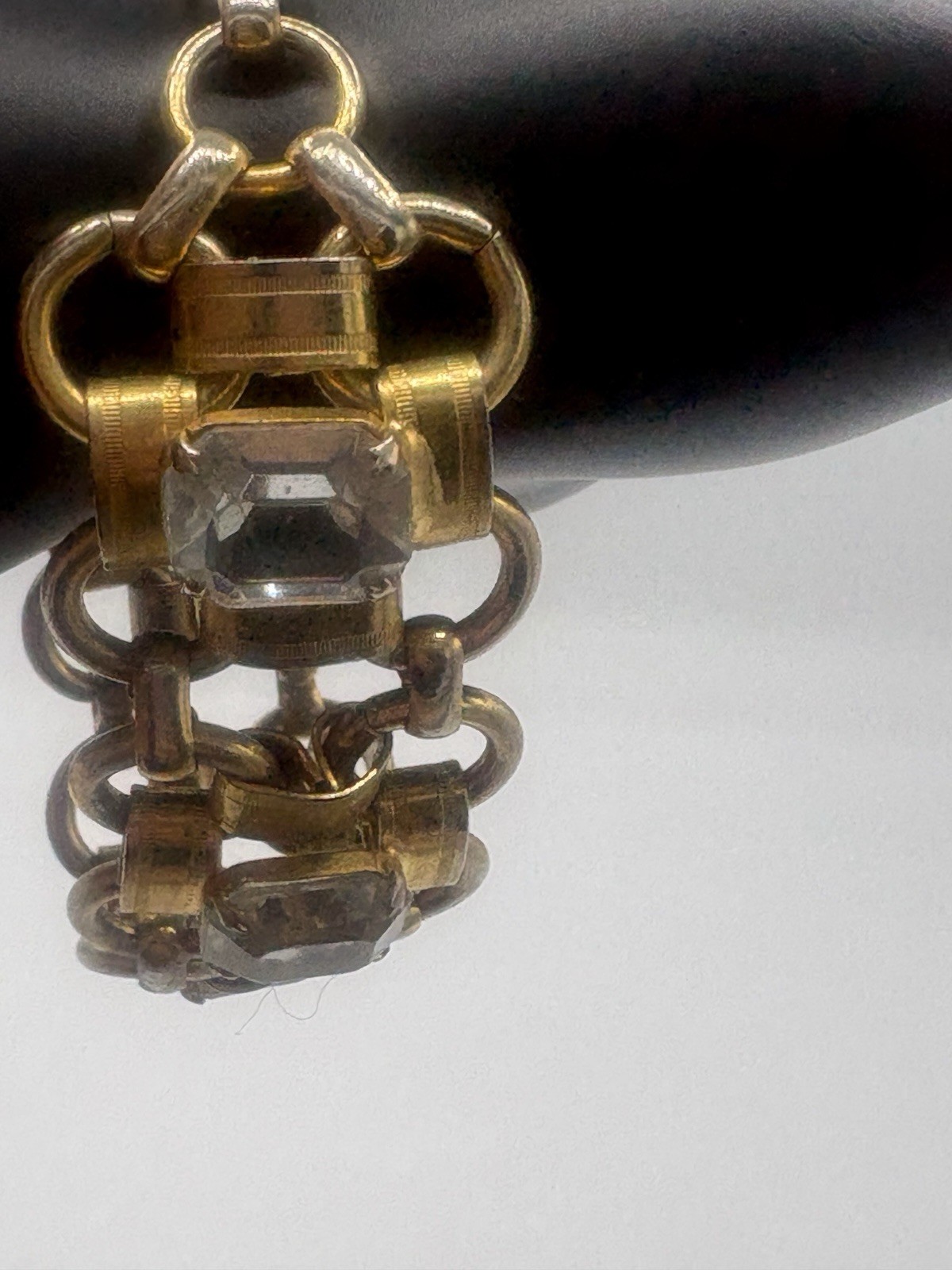 Vtg Two Tone Panel Link Bracelet Emerald Cut Clear Rhinestone Crystal 7.25″ 1510