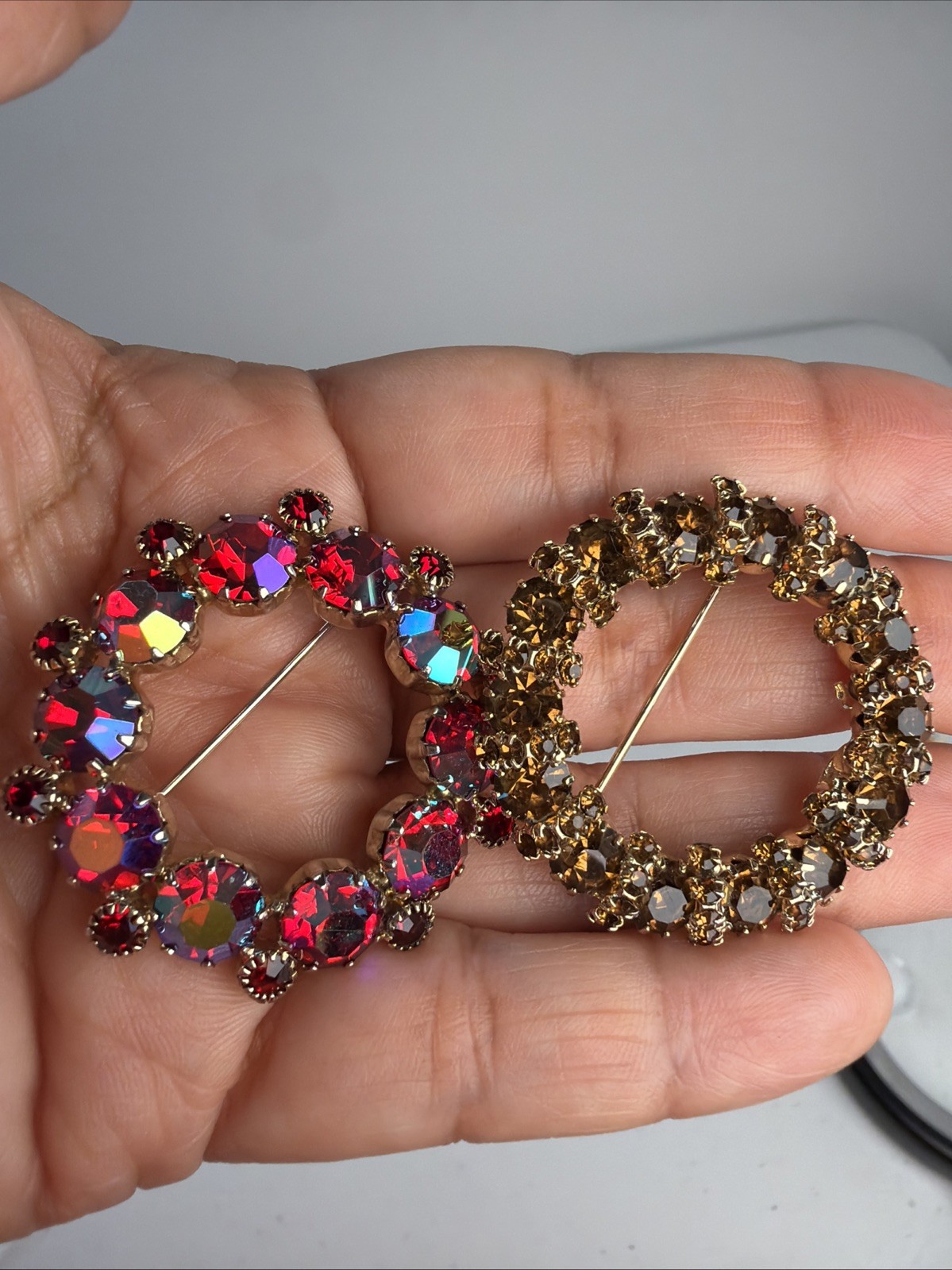 Lot Of 2 Signed Weiss Rhinestone Wreath Brooches AB Red And Smoke Topaz Vintage