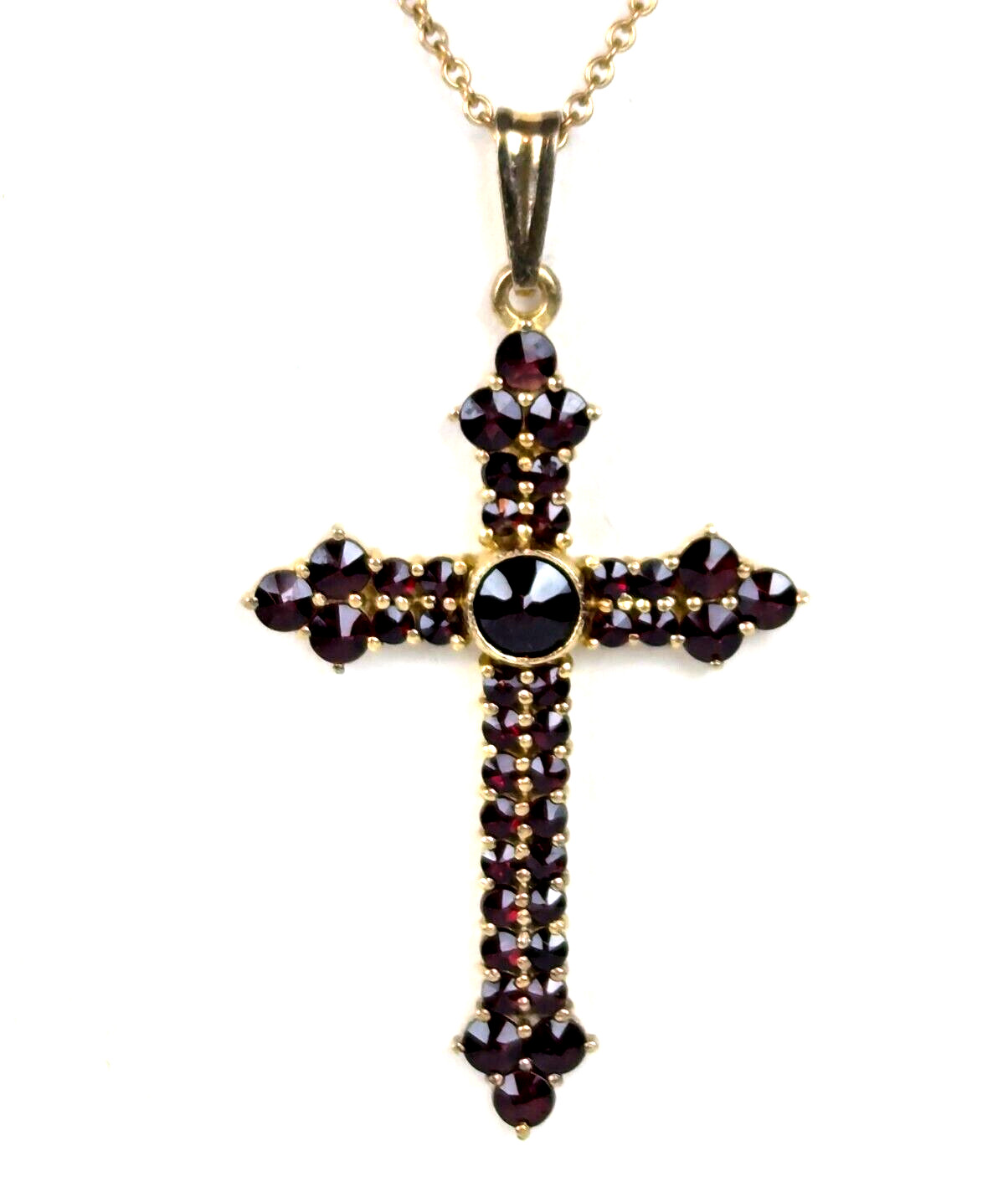 Lg Czech Bohemian Garnet Cross 900 Gilded Silver Pendant on 24″ GF 12K Chain