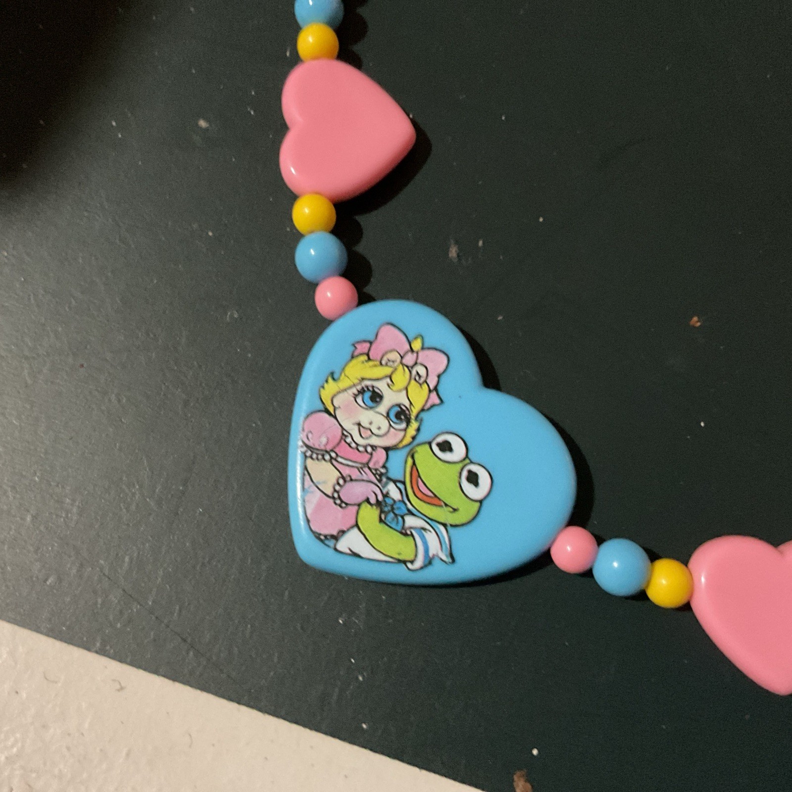 Vintage Kermit And Miss Piggy Necklace Heart Shaped Pink & Blue Nostalgia 80’s