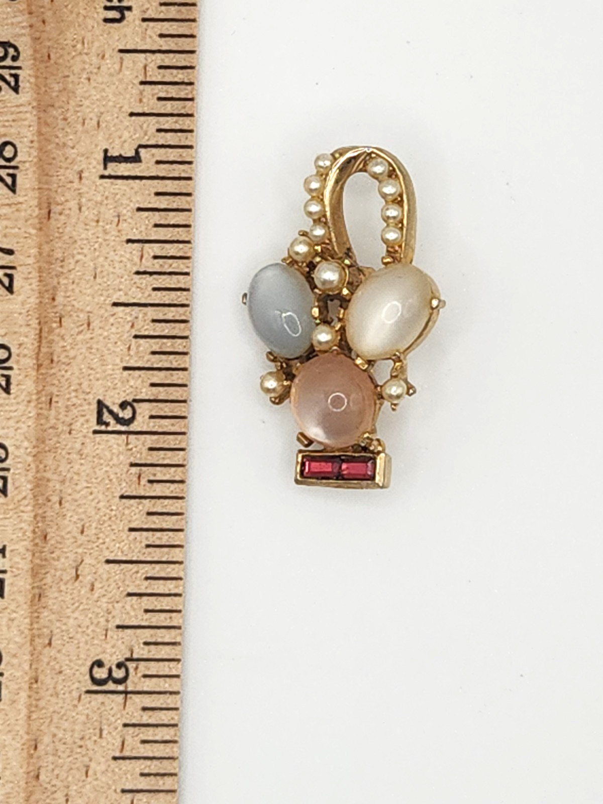 VintageGold Tone Brooch/Pin Moonstone Cabochon Faux Seed Pearls Pink Rhinestone