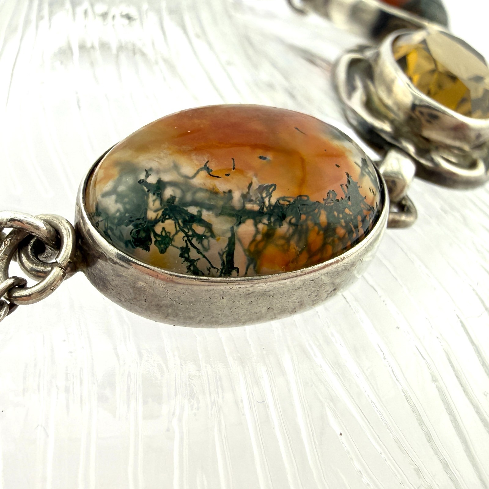 Stunning Vintage Scottish Sterling Silver Moss Agate &Faceted Cairngorm Bracelet