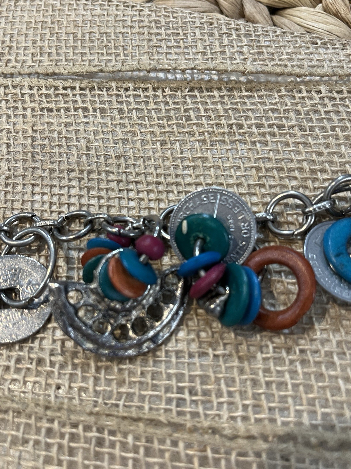 Vintage Artisan Crafted Coin Charm Bracelet Mixed Materials Estate Jewelry Boho