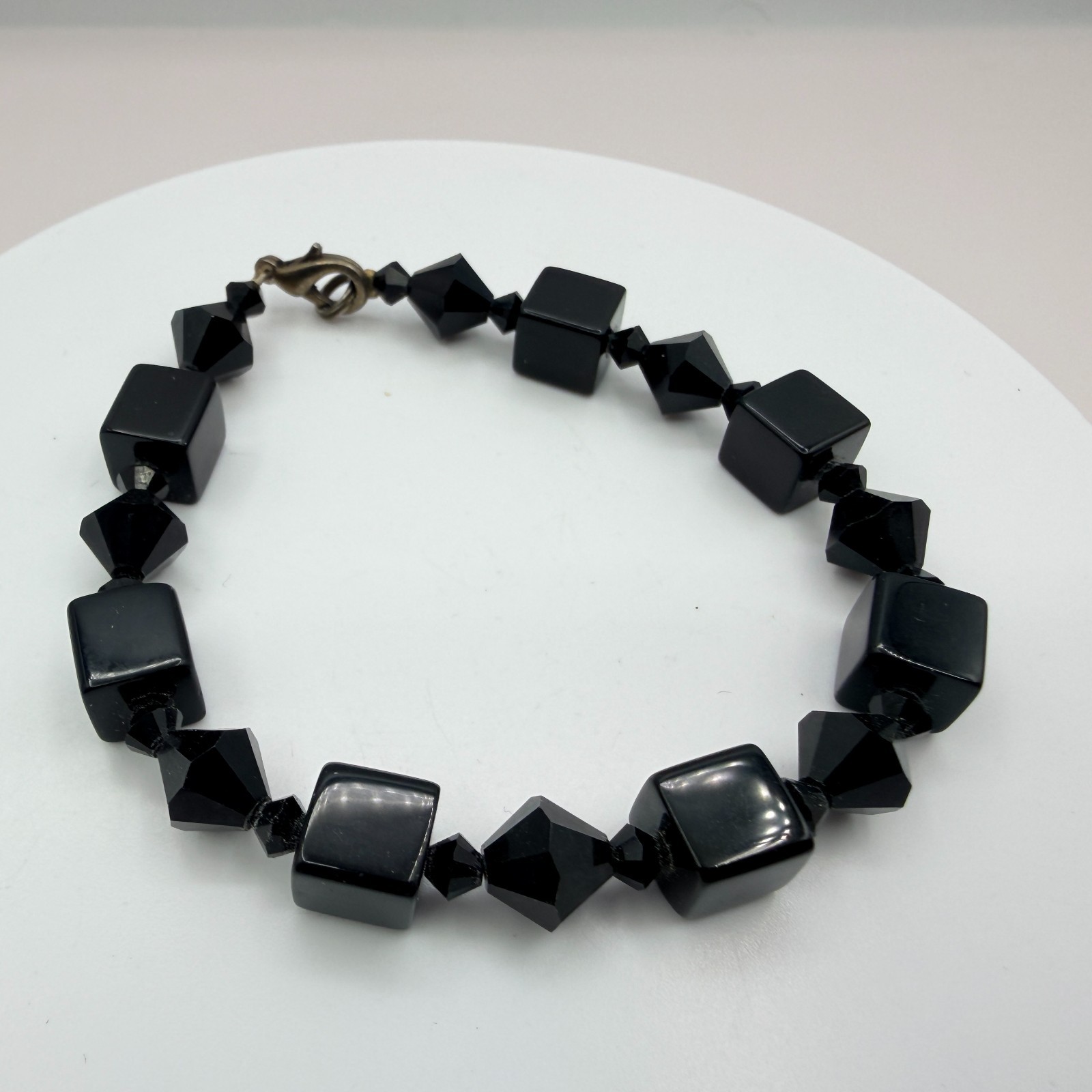 Vintage Black Beaded Bracelet Dangle Earrings Set Gunmetal Tone Geometric Goth