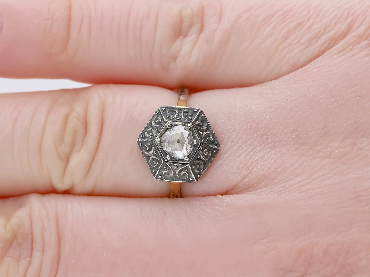 Antique Solitaire Ring 0.35ct. Brilliant diamond 925 silver 585 gold detail j…