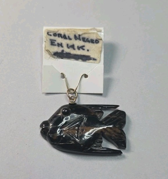 Rare Vintage Black Coral Carved And Polished Fish With 14K Bail Pendant