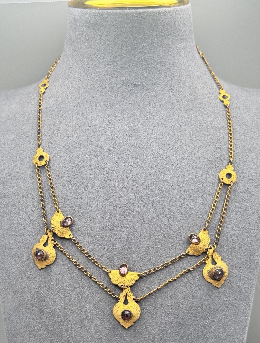 Antique Edwardian Gold Filled Festoon Necklace Rose Cut Purple Paste Stones