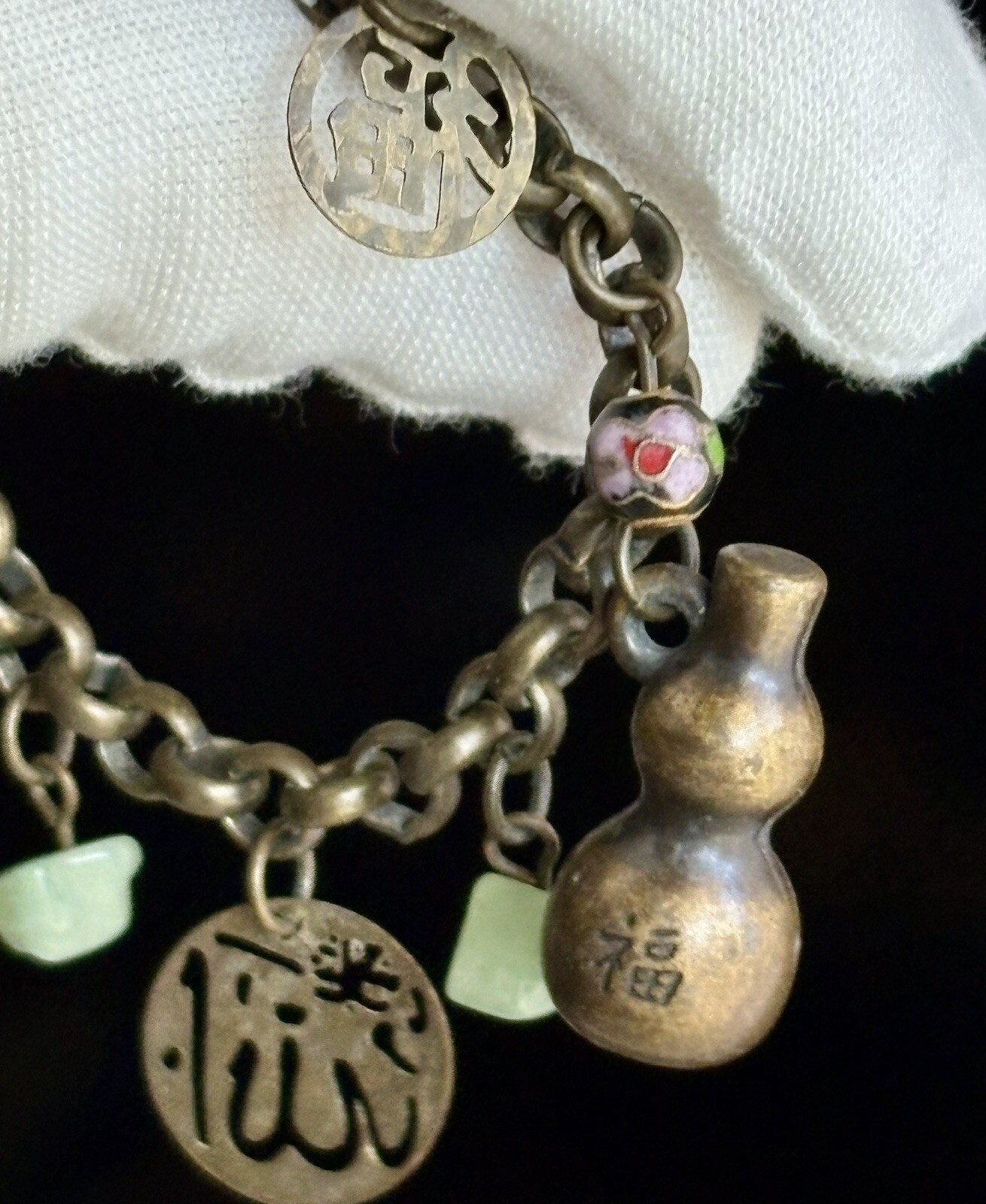 Vintage Chinese Cloisonné Charm Bracelet 7.25in Ladies Good Luck Jade 16.80g