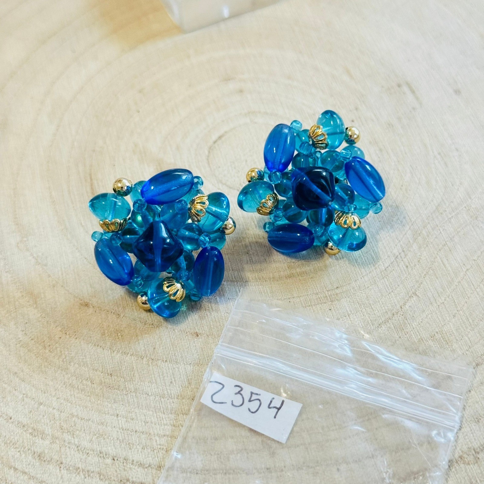 VTG Chunky Cluster Earrings Statement blue glass Czech pierced round flashy gold