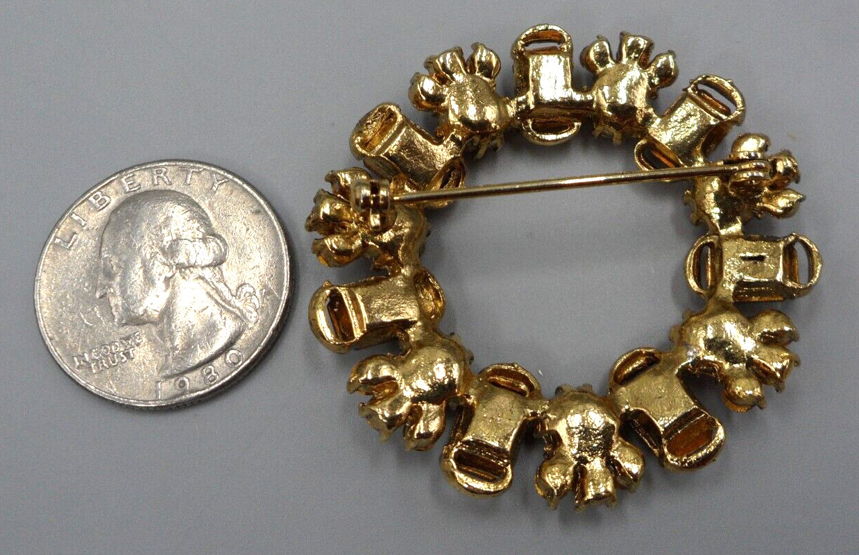 Vintage Rhinestone Brooch Circle Pin Wreath Mid Century Emerald Cut Stones 1.75″