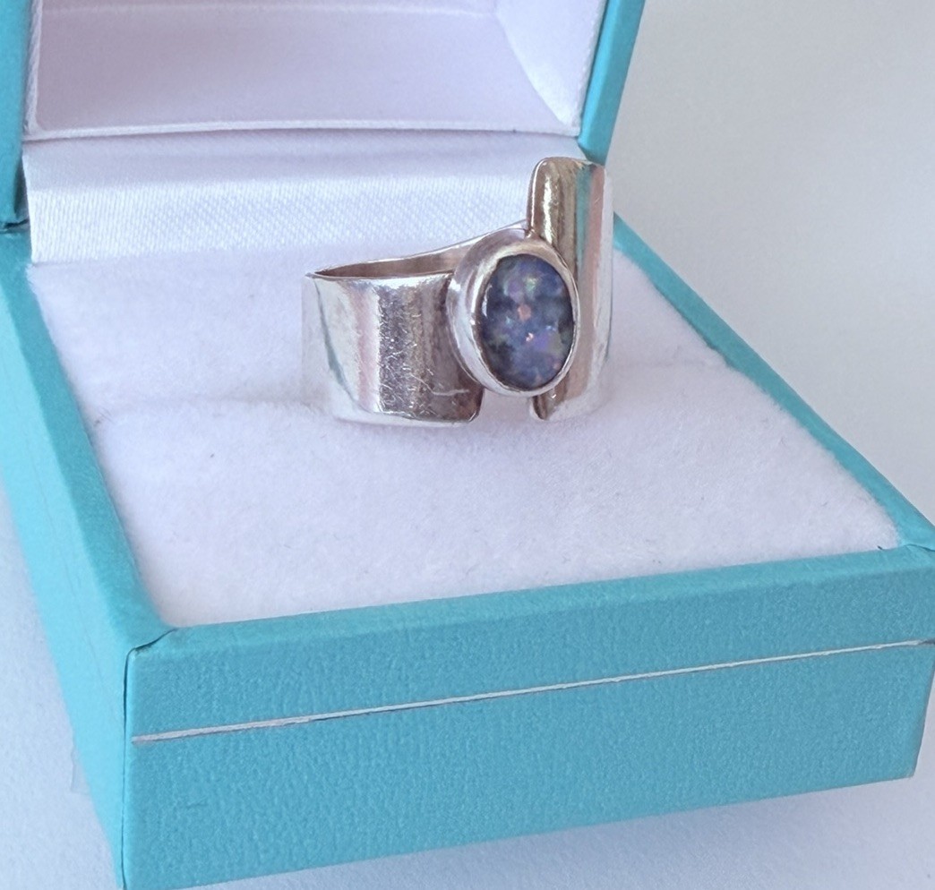 Artisan Hand Made Modernist Sterling 925 Black Opal Band Ring Sz 5.5