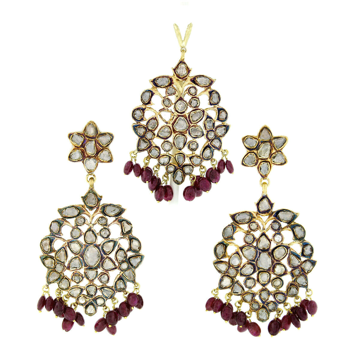 Vintage 18K Gold Rose Cut Diamond w/ Bead Ruby Drop Dangle Earring & Pendant Set