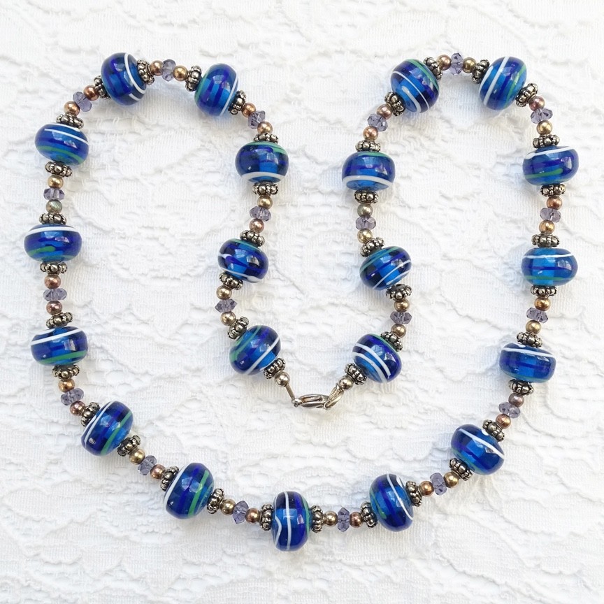Artisan Lampwork Blue Art Glass Bead Necklace 23” Purple Green White Stripe 23″