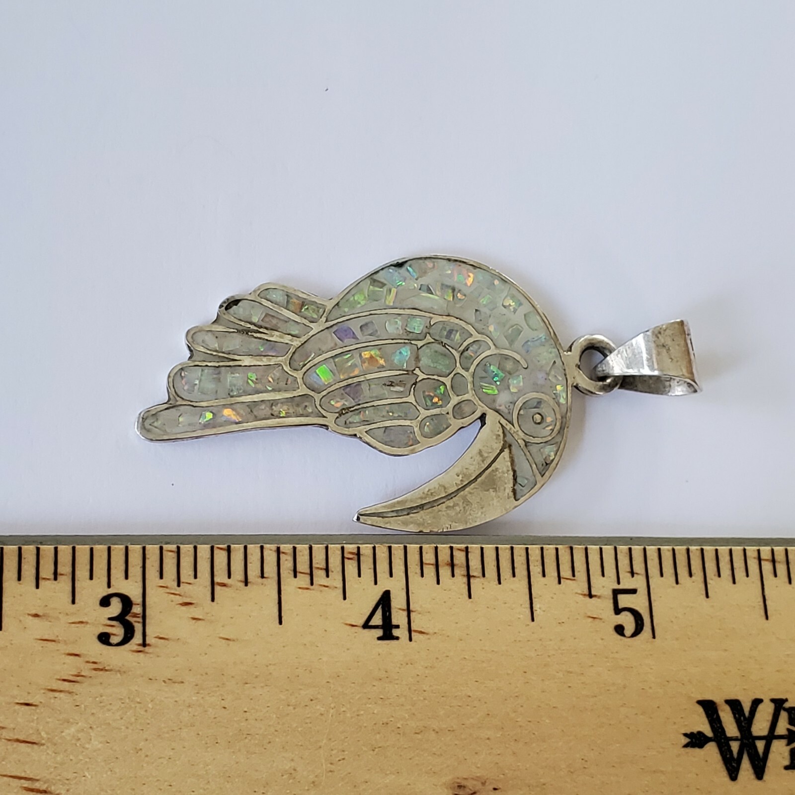 Vintage 925 Sterling Silver Iridescent Faux Opal Chip Inlay Toucan Large Pendant