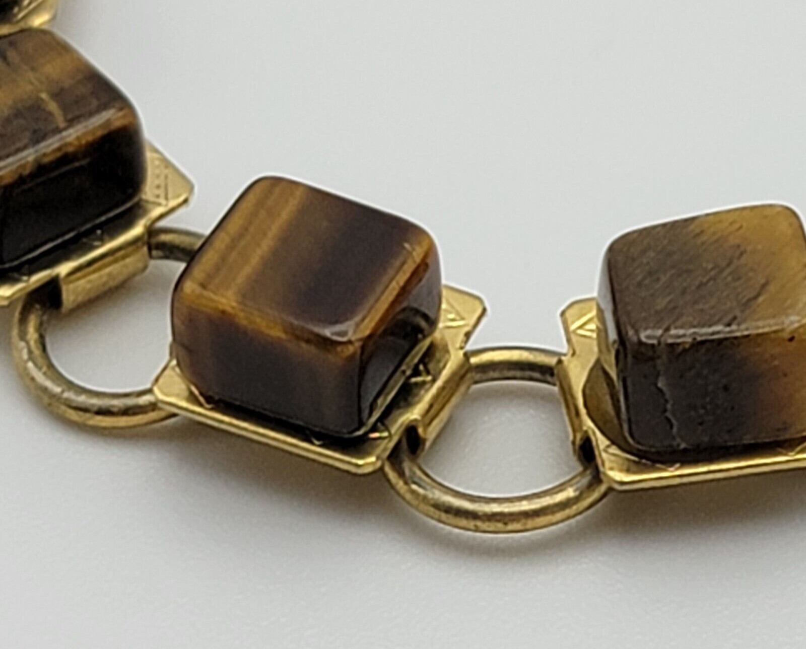 Vintage Art Deco Gold Tone Tiger’s Eye Square Bead Bracelet 7.25 in Fold Clasp