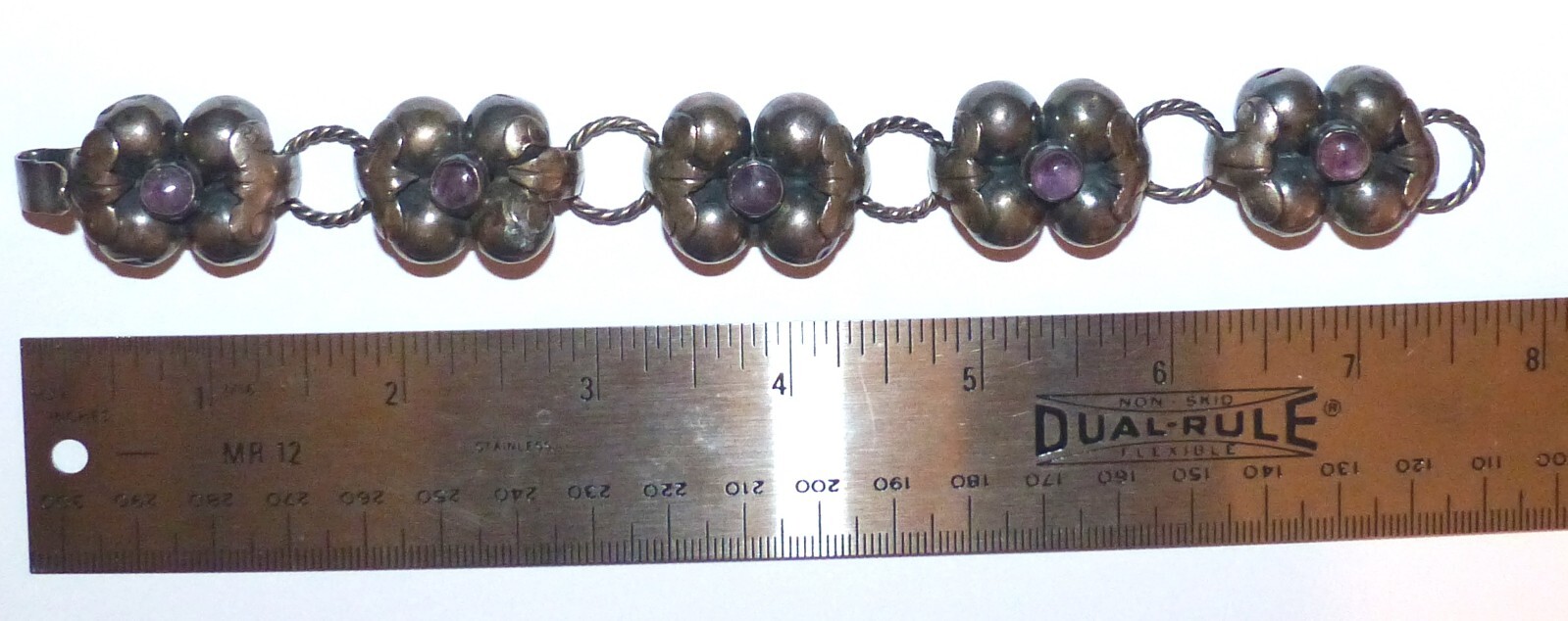 Mexican Silver Amethyst Bracelet With Slver Rope Links Vintage