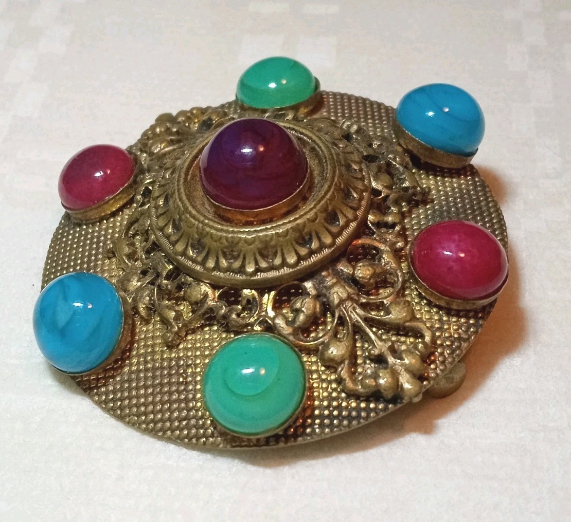 Antique French Medallion Brooch Gripoix Glass Trumpet Clasp