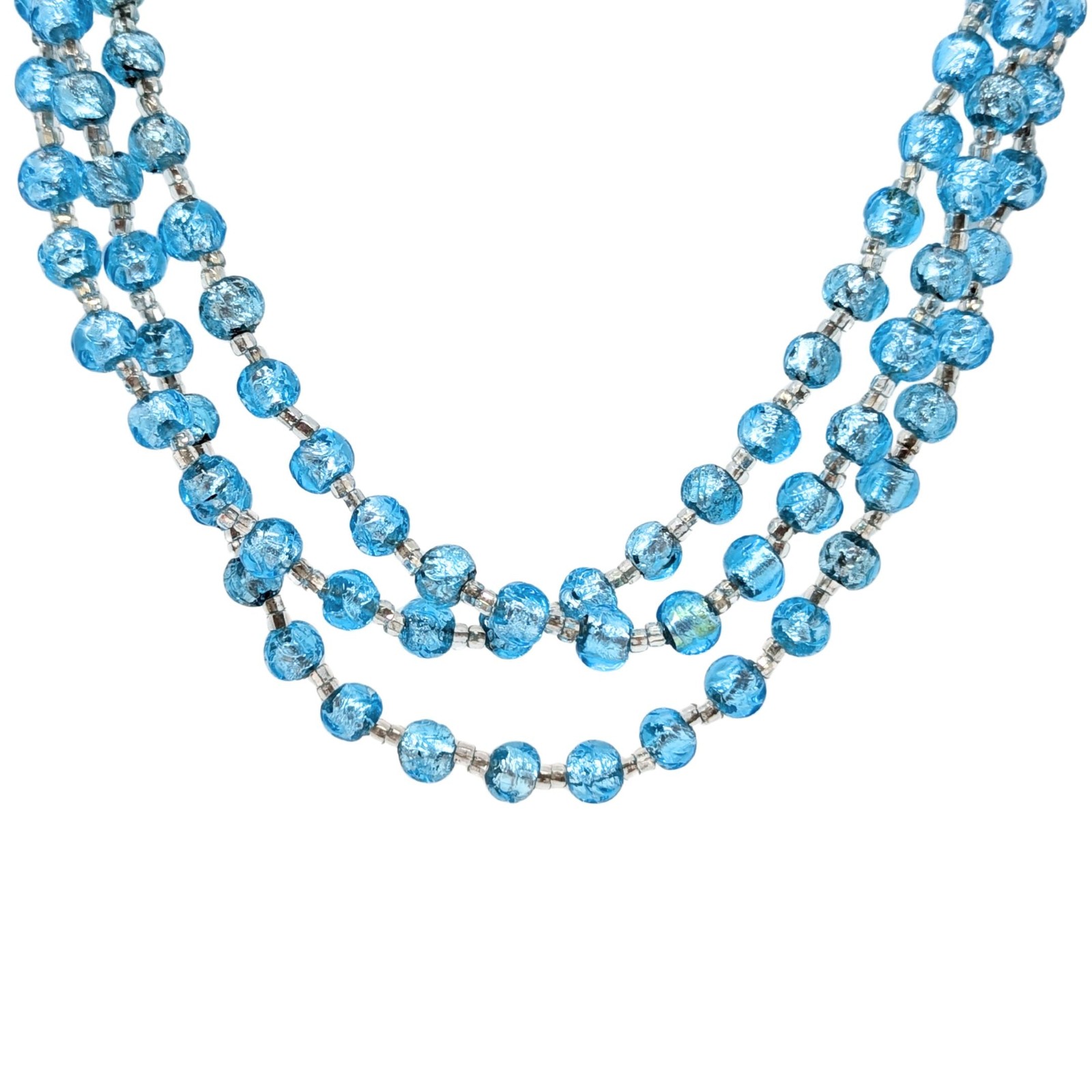 Vintage Venetian 52” Aqua Blue Foil Glass Bead Flapper Strand Necklace