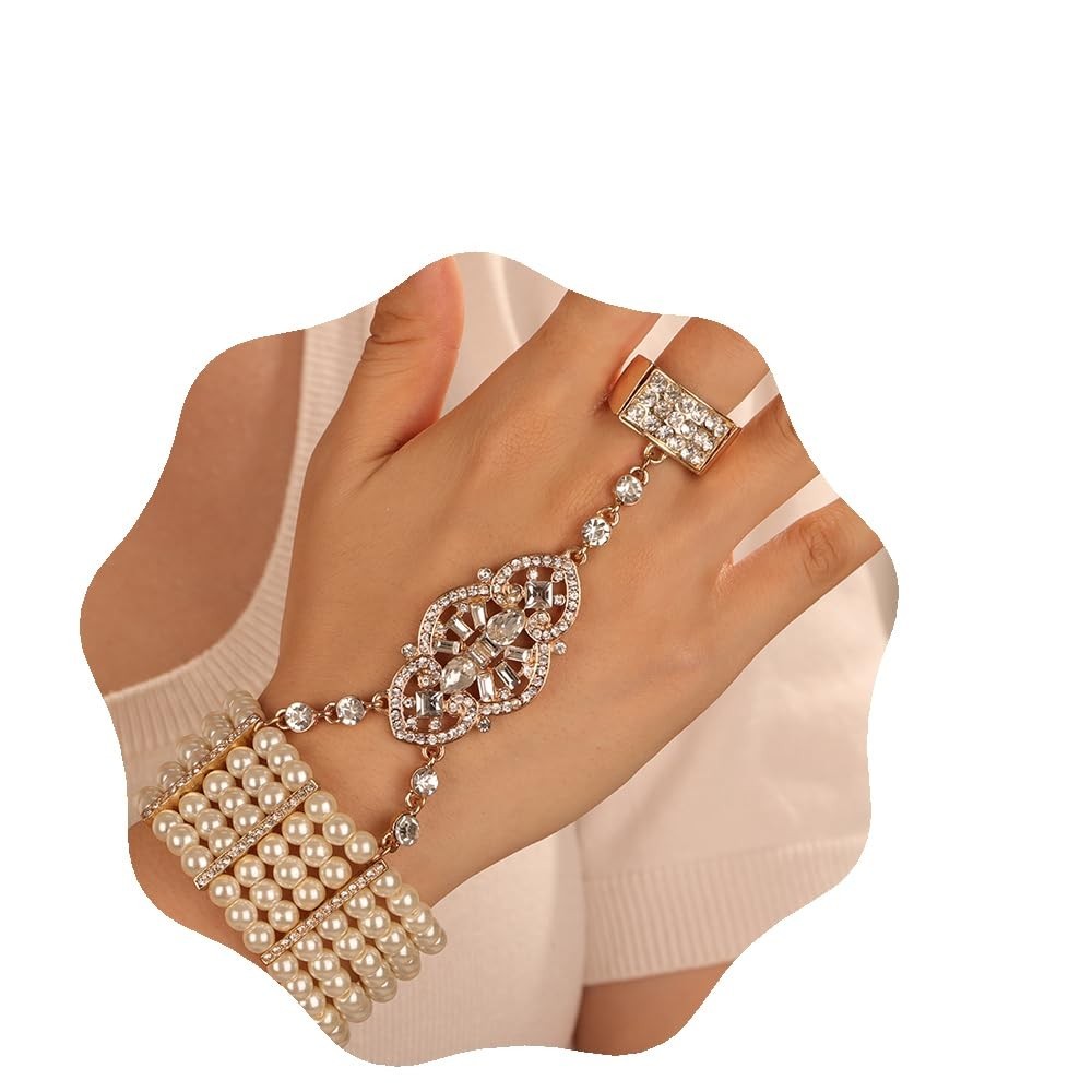 Vintage 1920s Flapper Faux Pearl Gold Rhinestone Stretch Bracelet – Wedding Part