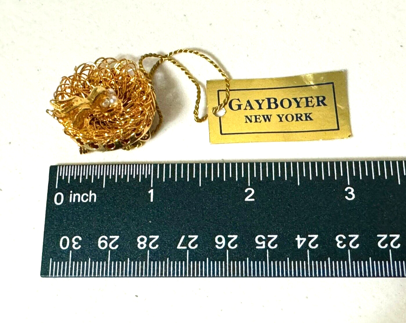 Vintage Gay Boyer New York Wired Gold Tone Faux Pearl Eggs Bird’s Nest Brooch