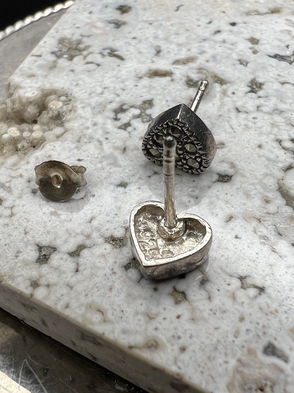 VTG 925 Sterling Silver Marcasite Heart Round Amber Stud Earrings Set