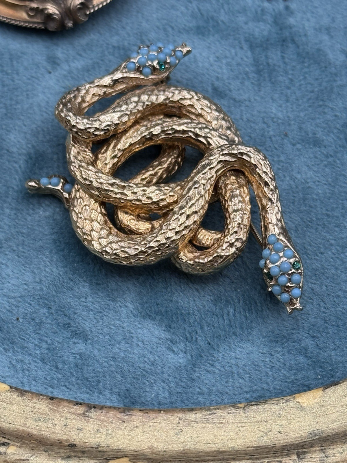 Les Bernard Snake Brooch Goldtone Serpent Blue Cabochon 2” Signed Inc Vintage