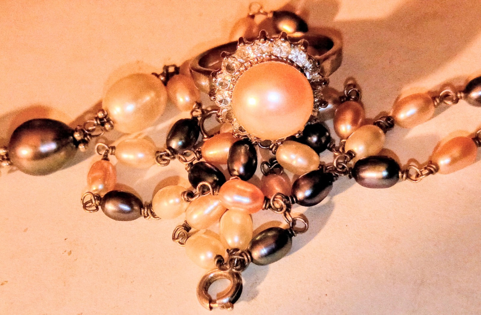 Vintage Freshwater Pearl Necklace 17″ & 18KGP Pearl Ring Size 9 Jewelry Lot