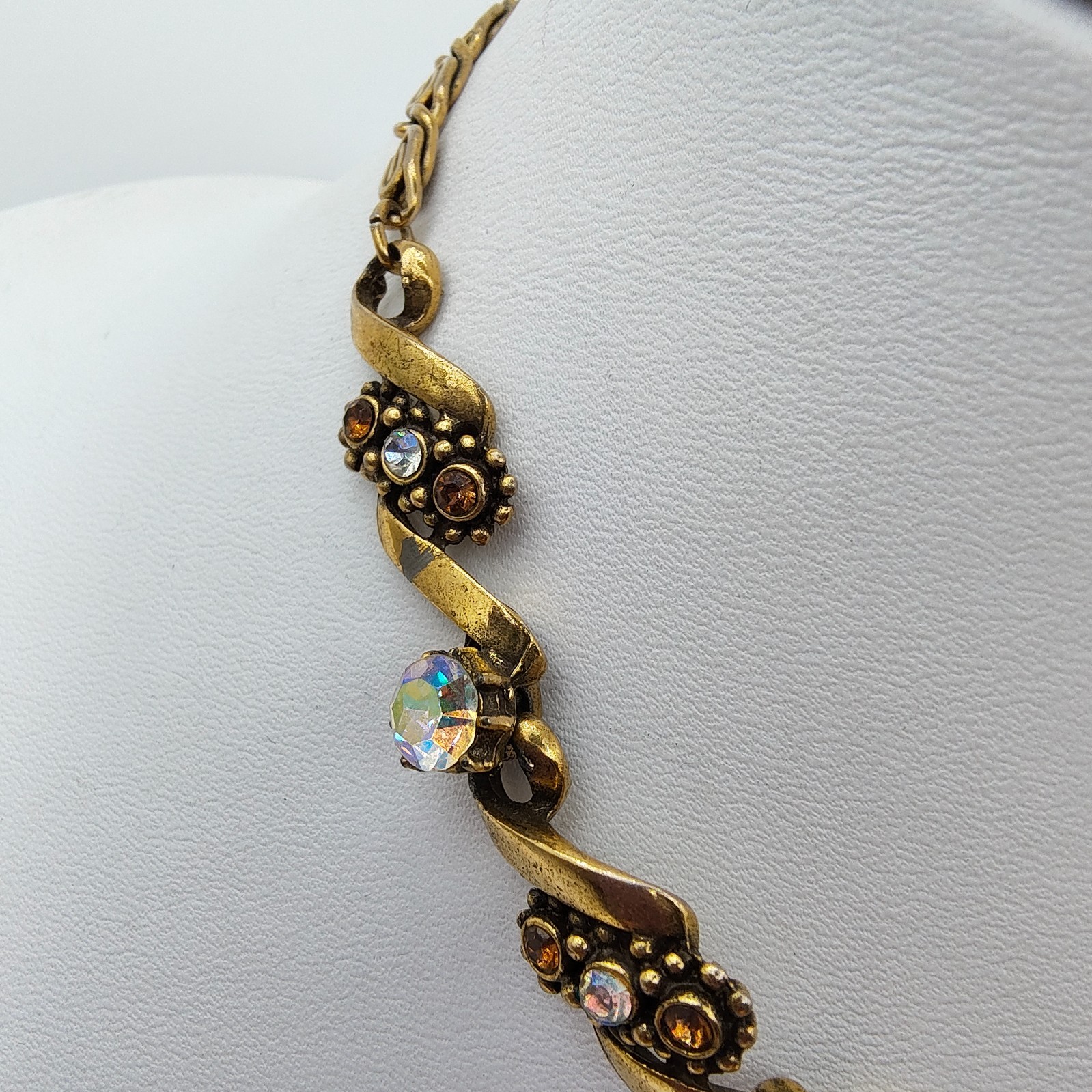 Vintage Florenza Victorian Style Choker Necklace Gold Tone AB Rhinestone Signed