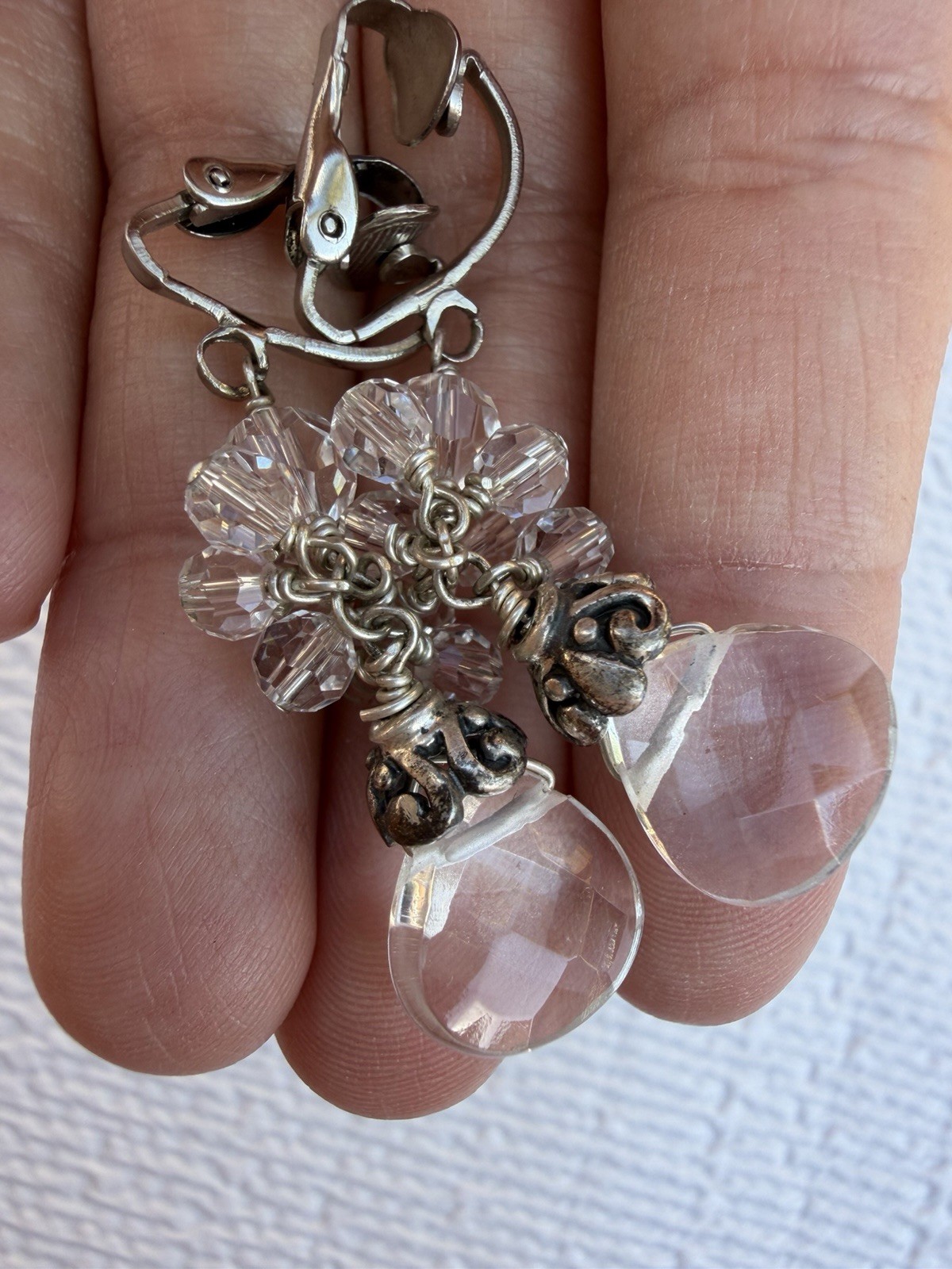 Handmade Crystal Cluster Clip On Earrings Faceted Teardrop Silver Tone
