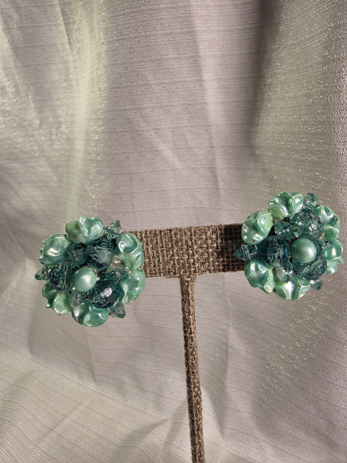 Vintage Light Green Beaded Clip On Earrings, Very Old, Great Condition!