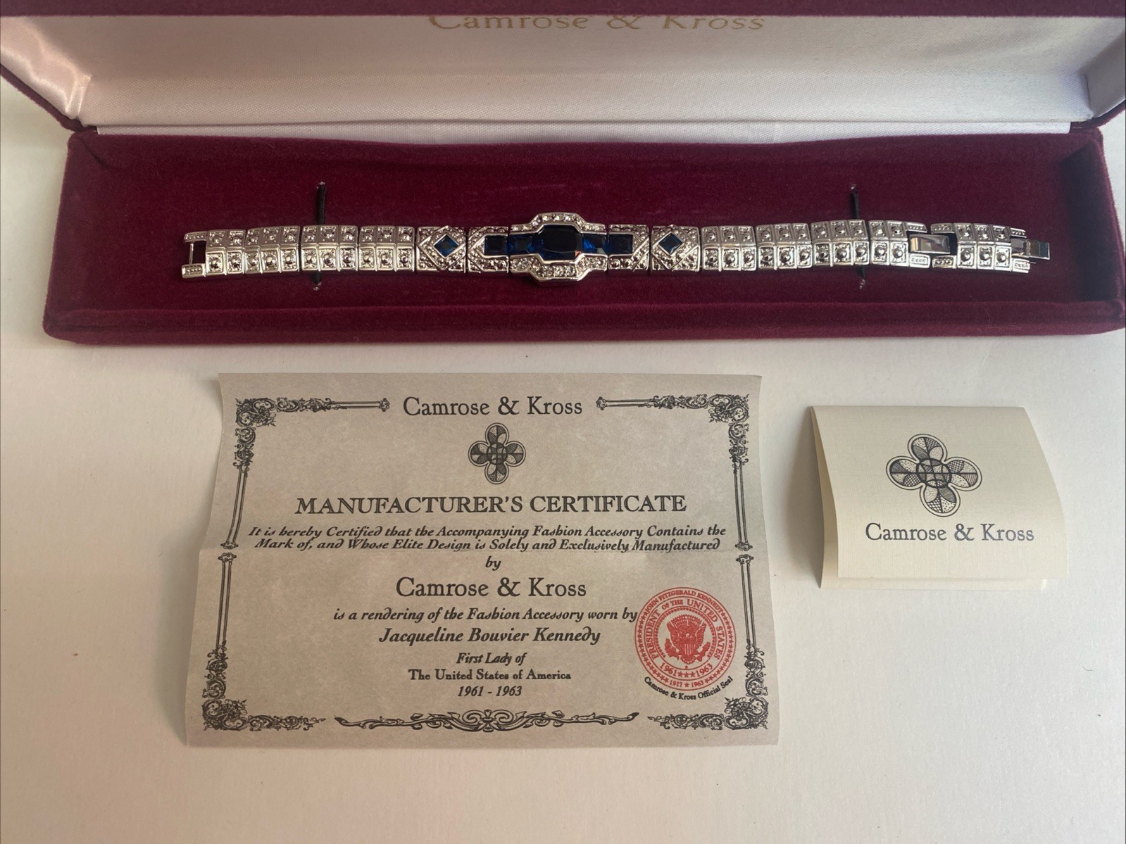 Camrose & Kross Jacqueline Kennedy Sapphire Silver Panel Chain Link Bracelet JBK