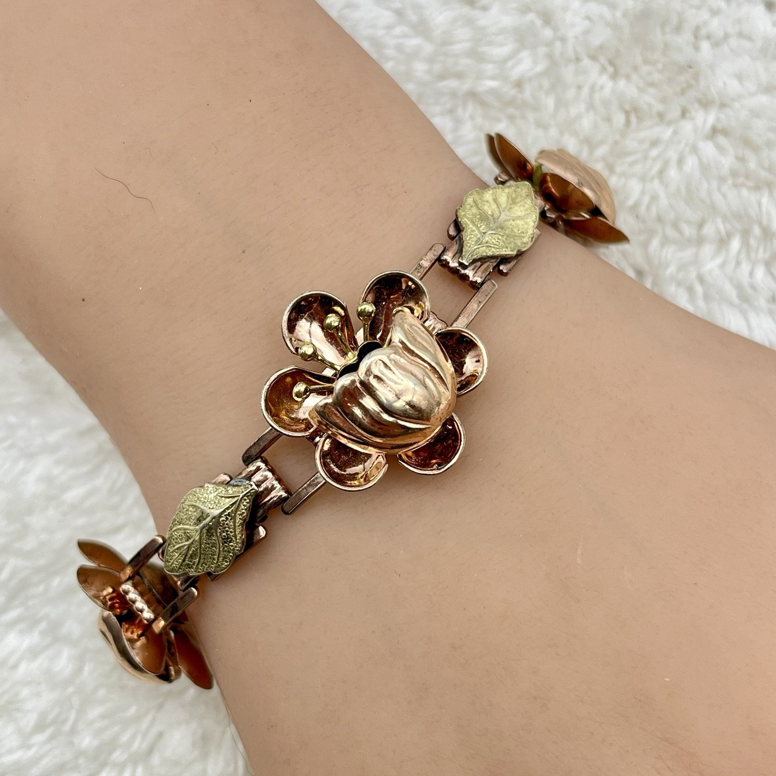 Vintage Sterling Silver Bracelet Raised Flower Bloom Gold Wash Fits 6.75″ Wrist