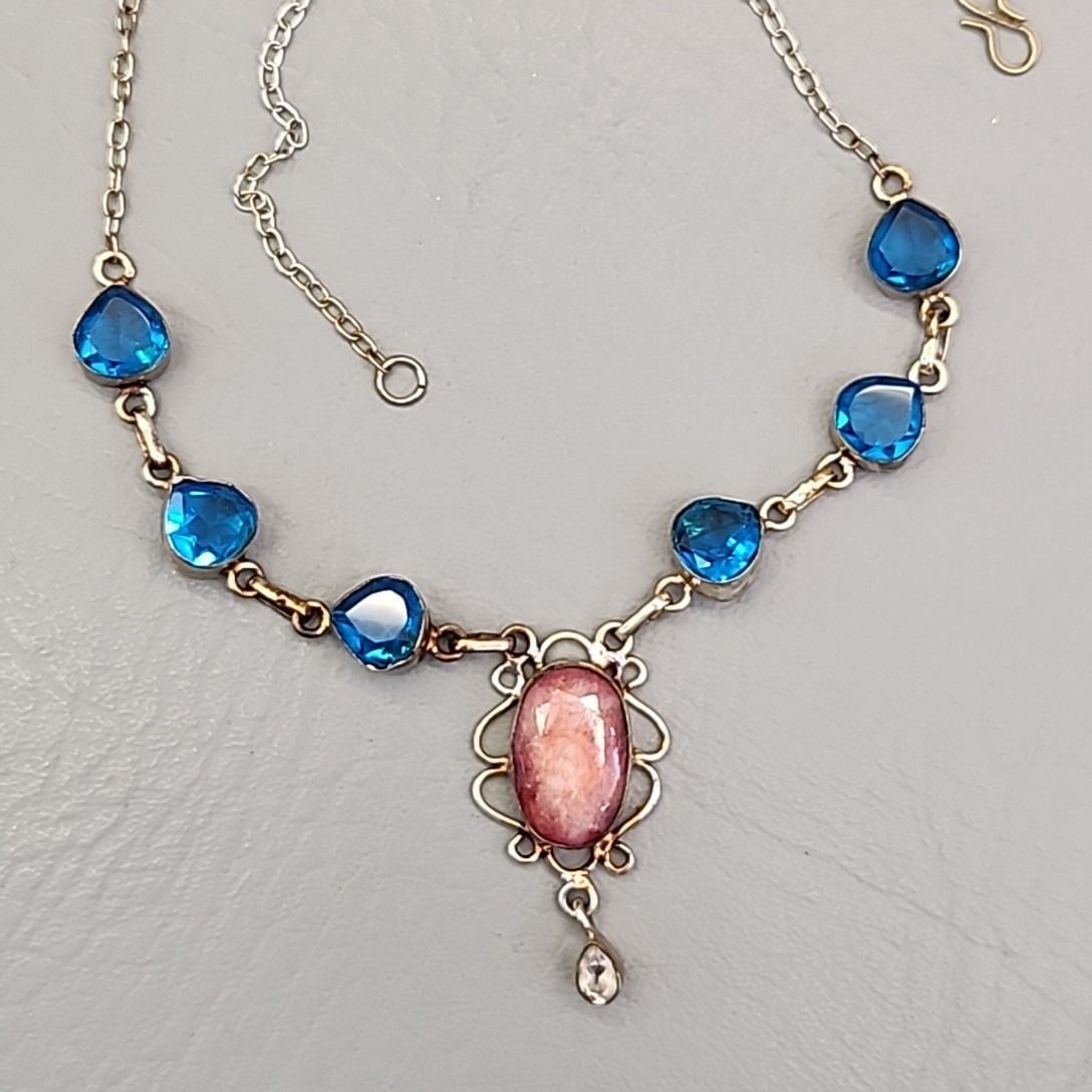 Vintage Glass Bead Necklace Blue Beads Pink Quartz Artisan Silver Tone 18.75″
