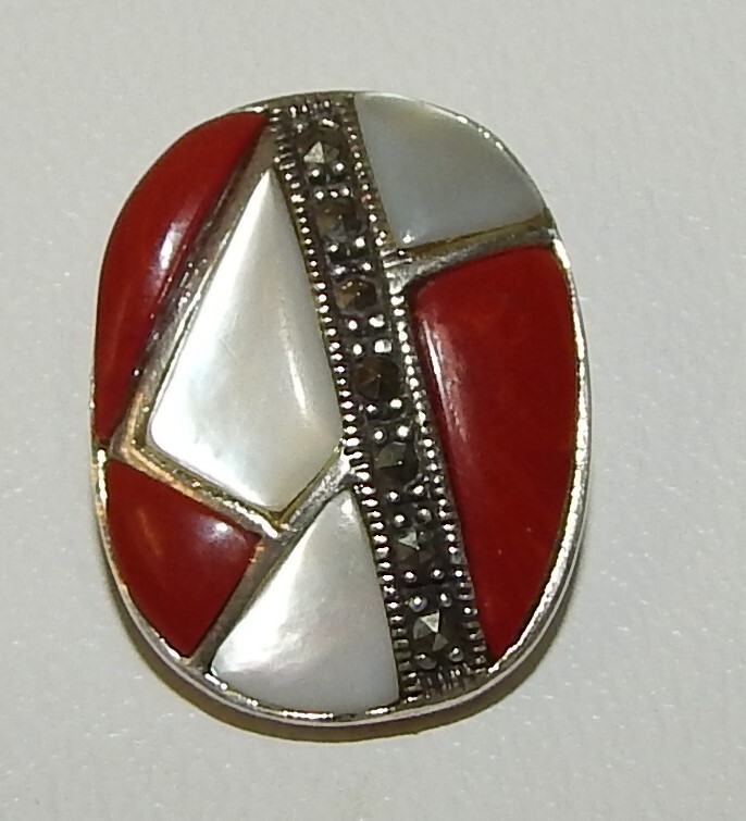 Vintage 925 Sterling Silver Mother-of-Pearl Coral & Marcasite Southwest Pendant