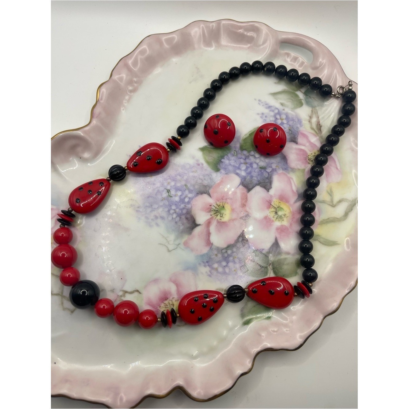 Vintage Red and Black Beaded Statement Necklace and Earrings Set