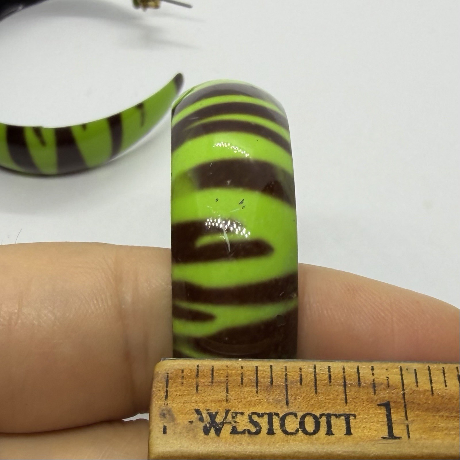 Vtg Big 80s Lime Green Earrings Black Enamel Stripe Hoop Statement Drop Post
