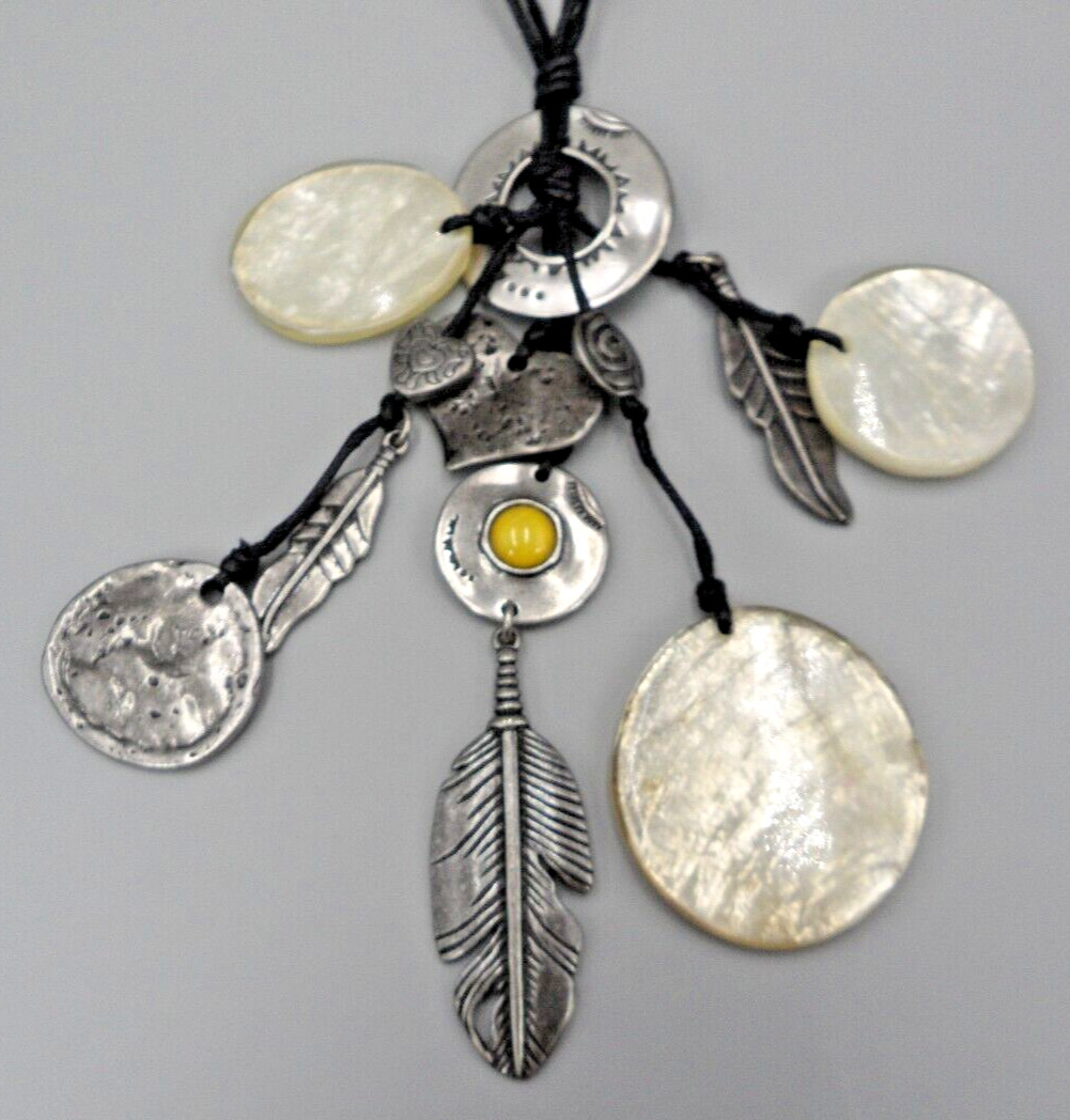 Beaded Charm Tassel Pendant Necklace Faux Shell Heart Feather Tribal Station Vtg