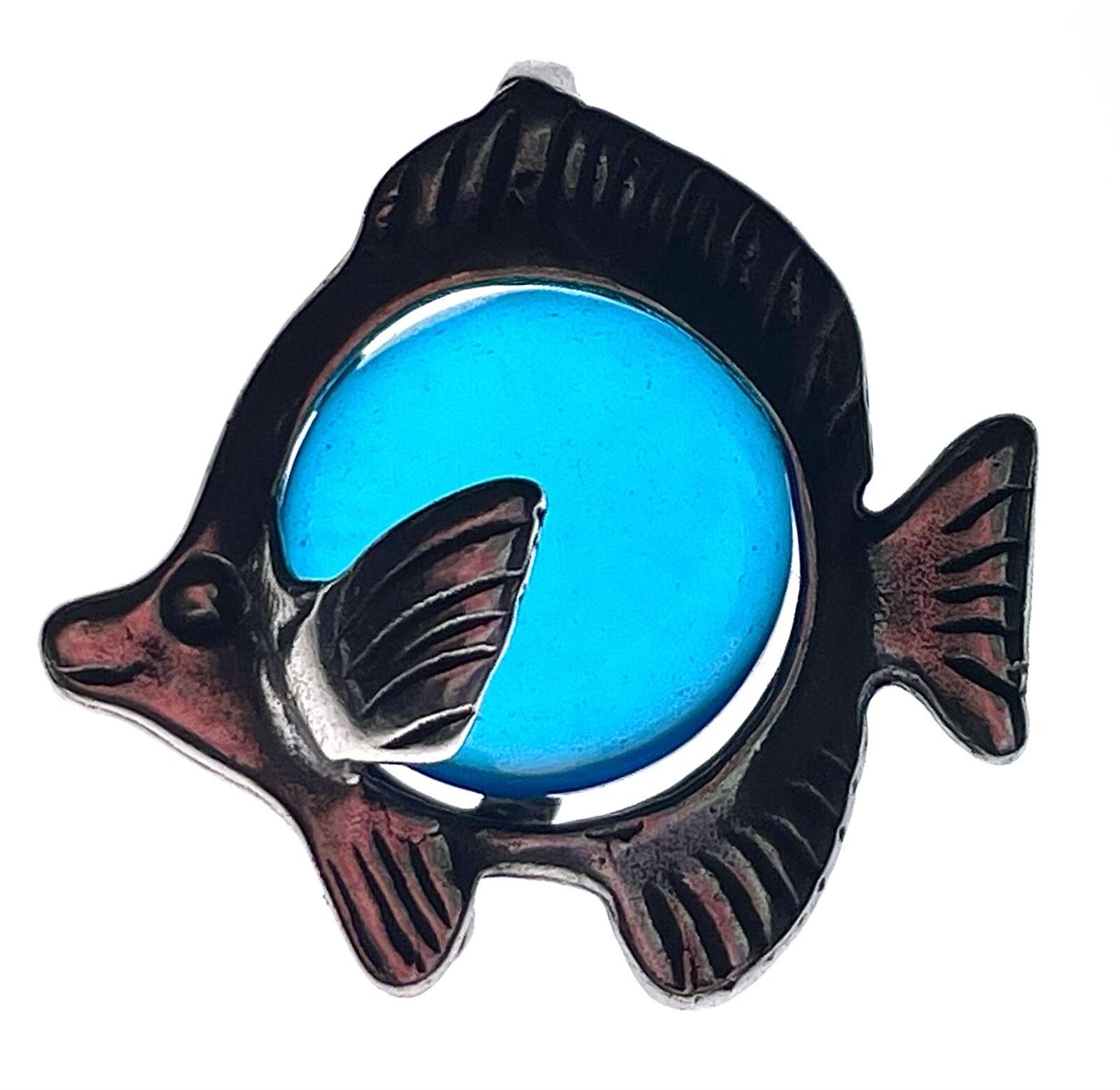 🐠BLUE Glass Jelly Belly Angelfish Slide Pendant 925 Sterling Silver MEXICO Vtg.