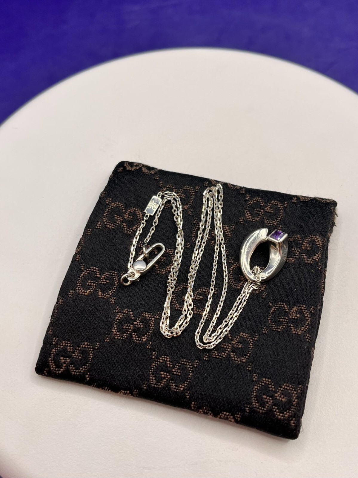 GUCCI Amethyst Twist Pendant 925 Silver Necklace 16.5in