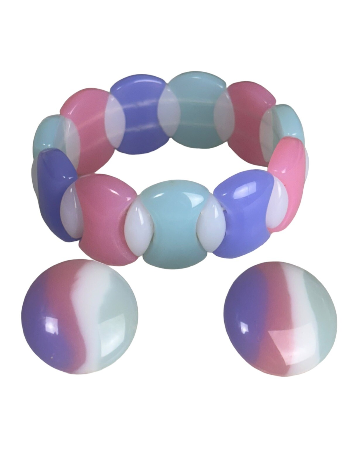 Vtg 1988 Avon Pastel Purple Pink White Green Stretch Bracelet & Clip On Earrings
