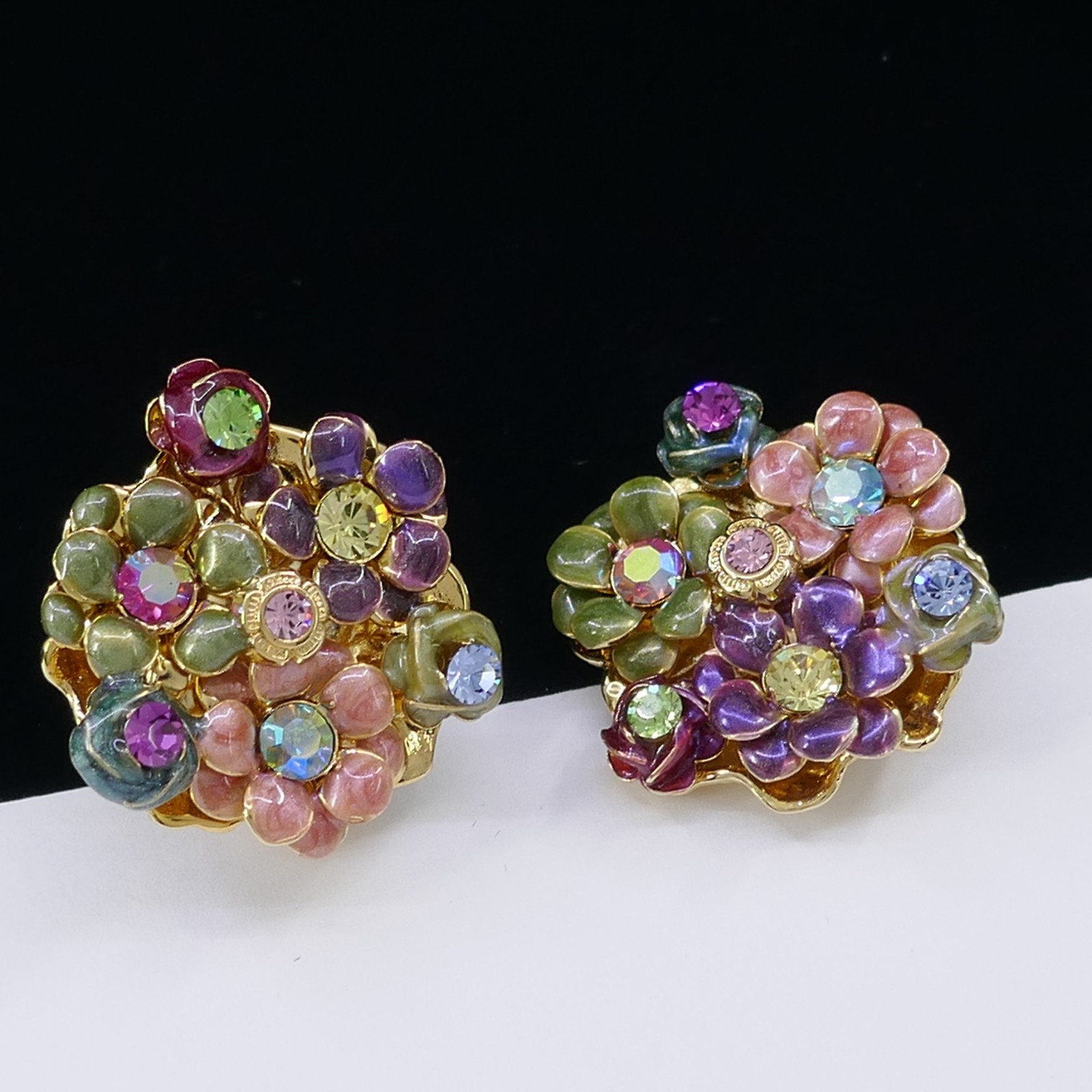 KIRKS FOLLY PASTEL CRYSTAL RHINESTONE ENAMEL FLOWER CLIP-ON EARRINGS FREE SHIP